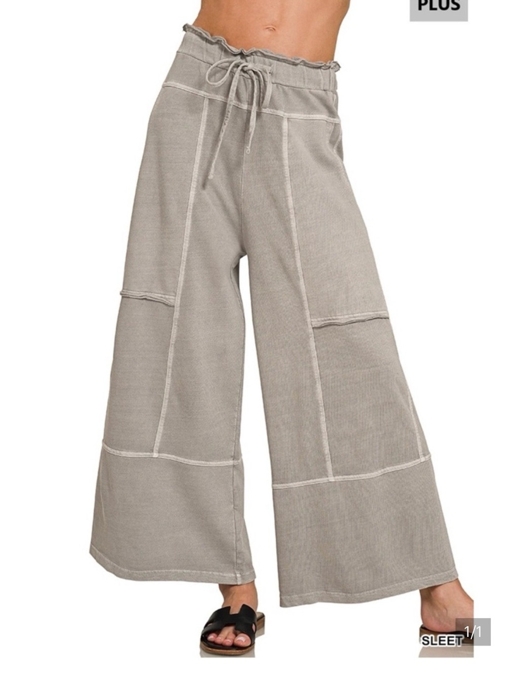 Zenana Plus French Terry Exposed Seam Cropped Wide-Leg Pants - Sleet 1X